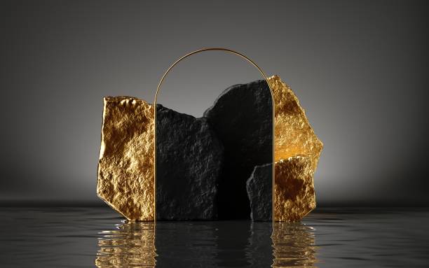 istock 3d render, abstract modern minimal background with golden arch, black cobbles and reflection in the water on the wet floor. Trendy minimal showcase for product displaying 1277414225