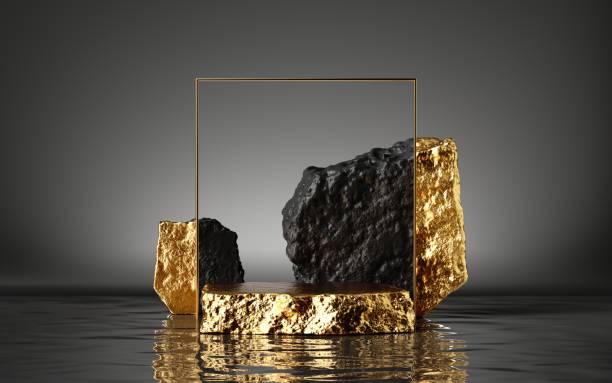 istock 3d render, abstract modern minimal background with black and gold cobblestones, reflection in the water on the wet floor. Blank showcase with golden square frame, empty platform for product displaying 1277414260