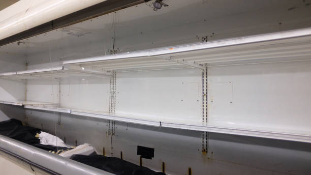 scaffali vuoti in un supermercato in vista della fine dell'attività - going out of business poverty store business foto e immagini stock