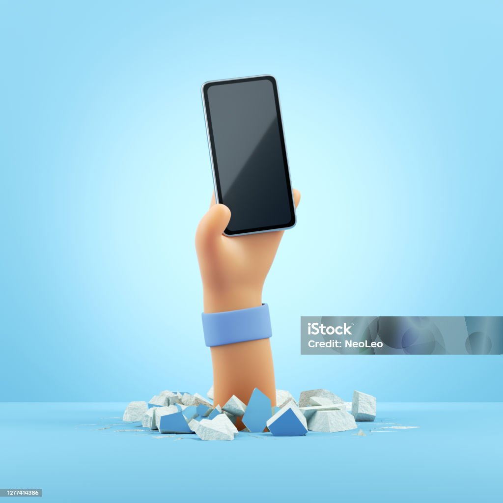 3d render, cartoon character hand holds black glossy smart phone mockup with blank screen. Clip art isolated on light blue background Three Dimensional Stock Photo