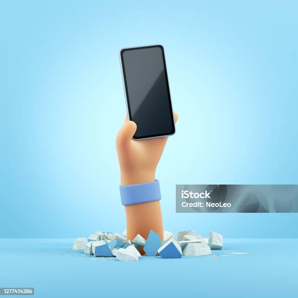 3d Render Cartoon Character Hand Holds Black Glossy Smart Phone Mockup With Blank Screen Clip Art Isolated On Light Blue Background Stock Photo - Download Image Now