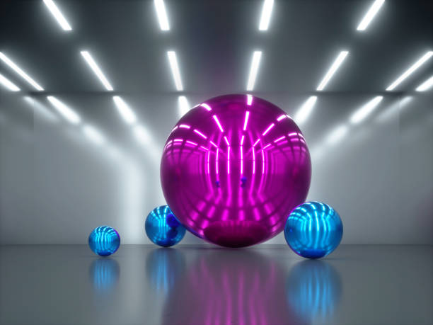 3d render, abstract background, glossy metallic spheres with light reflections, pink and blue chrome balls inside dark room with white ceiling lights