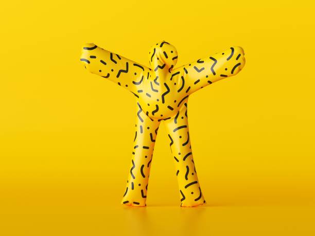 3d render, funny inflatable man stands, hands up, cartoon character isolated on yellow background. Toy standing, unknown mascot
