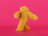 3d render, hairy yellow beast cartoon character walking or dancing, isolated on pink background, active posing. Fluffy plush toy. Man wearing halloween costume of a mascot, furry monster