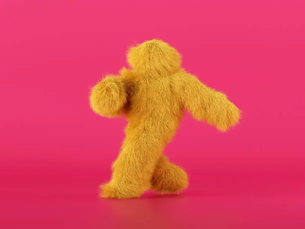 3d render, hairy yellow beast cartoon character walking or dancing, isolated on pink background, active posing. Fluffy plush toy. Man wearing halloween costume of a mascot, furry monster
