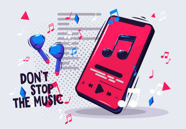 Vector illustration of a smartphone on the screen of which is a screen of the music player, music is played in wireless headphones, listen with wireless headphones Vector illustration of a smartphone on the screen of which is a screen of the music player, music is played in wireless headphones, listen with wireless headphones music stock illustrations