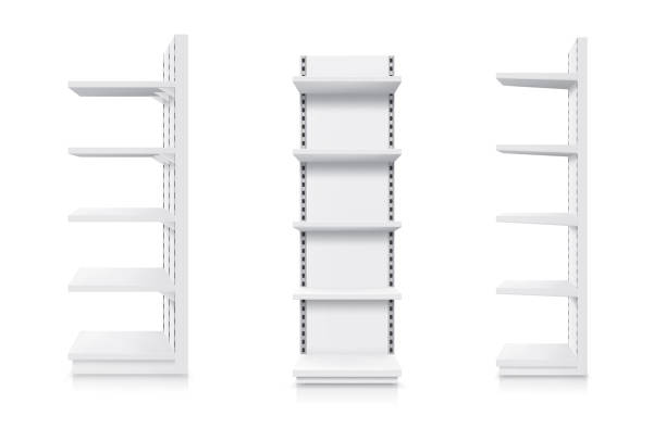 Shelves, supermarket, store showcase, shop display Shelves, supermarket and store showcase, shop product display, vector realistic 3D mockup. Supermarket shelf rack, white retail stand, warehouse shelving, slatwall or slotwall with adjustable shelves gondola stock illustrations