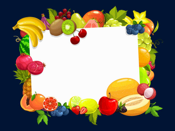 Frame with tropical fruits vector cartoon border Frame with tropical fruits vector cartoon banana, kiwi and cherry with grapes, blueberry and peach with orange, raspberry and melon with lemon and apple. Strawberry, grapefruit fresh fruits border banana borders stock illustrations