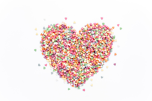 Valentine's Day composition. Flat lay, top view of multicolored, colorful hearts texture. Love concept. High quality photo