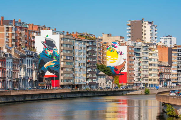 Giant Murals in Liège Belgium Liège, Belgium - September 12, 2020: Giant diptych Murals on walls along the Meuse River in Liège, Wallonia, Belgium. street art mural stock pictures, royalty-free photos & images