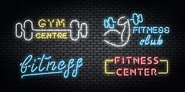 Vector illustration of Vector set of realistic isolated neon sign of Gym and Fitness Center logo for decoration and covering on the wall background.