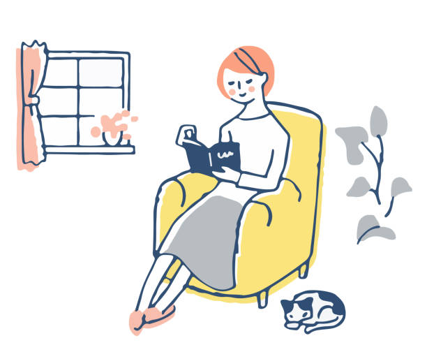 ilustrações, clipart, desenhos animados e ícones de uma mulher sentada no sofá e curtindo a leitura - sentar se pose