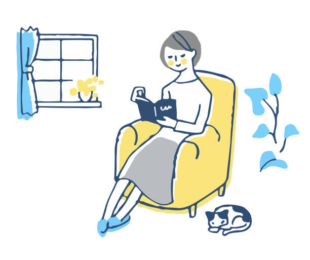 ilustrações, clipart, desenhos animados e ícones de uma mulher sentada no sofá e curtindo a leitura - sentar se pose