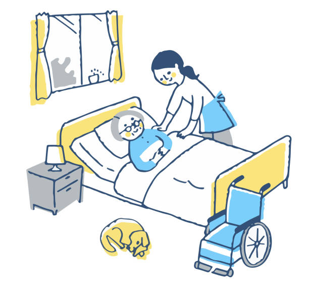 看護ベッドで寝ている先輩女性とヘルパー女性 - 老年医学点のイラスト素材／クリップアート素材／マンガ素材／アイコン素材