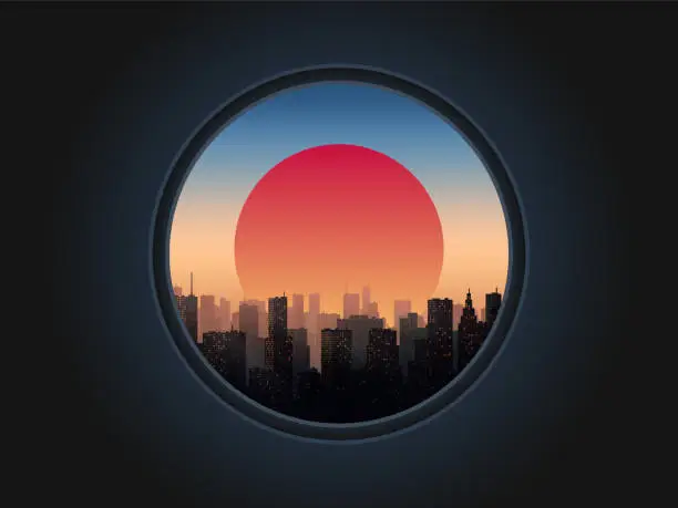 Vector illustration of City at Sunset in the Porthole