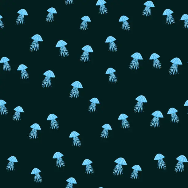 Vector illustration of Random little jellyfishes seamless pattern. Doodle blue simple undersea silhouettes on black background.