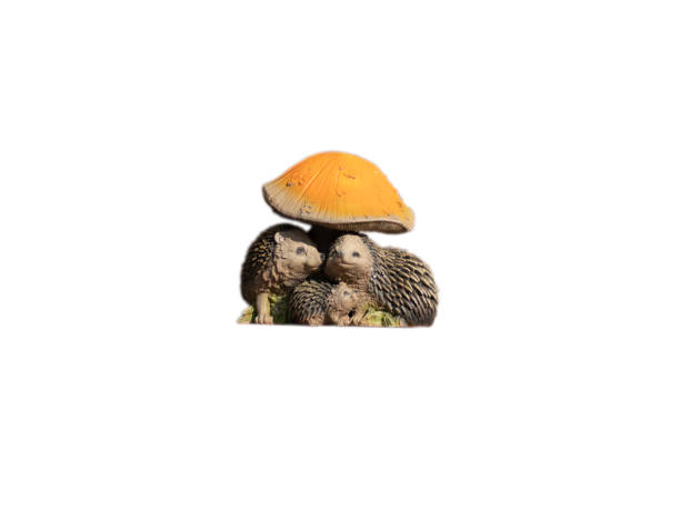 naturalistic statuette of a hedgehog standing on garden bench