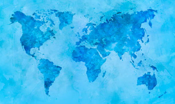 Watercolor Blue World Map World map in blue watercolor painting abstract splatters on paper. blue world stock pictures, royalty-free photos & images