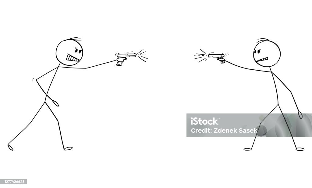 Vector Cartoon Illustration Of Two Angry Men Shooting A Gun Weapon Pistol  Or Handgun At Each Other Stock Illustration - Download Image Now - iStock