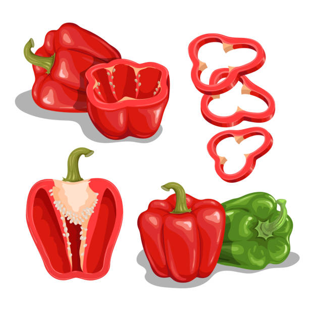 cartoon paprika gesetzt. rotes und grünes gemüse. gruppe mit ganzen und halbierten roten glocken. fliegende rote scheiben. vektor-illustrationen sammlung isoliert auf weißem hintergrund. - vegetable bell pepper green bell pepper pepper stock-grafiken, -clipart, -cartoons und -symbole