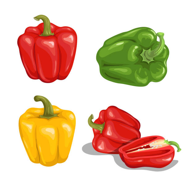 Cartoon bell peppers set. Red, green and yellow vegetables. Group with whole and halved red bells. Vector illustrations collection isolated on white background. Cartoon bell peppers set. Red, green and yellow vegetables. Group with whole and halved red bells. Vector illustrations collection isolated on white background. red bell pepper stock illustrations