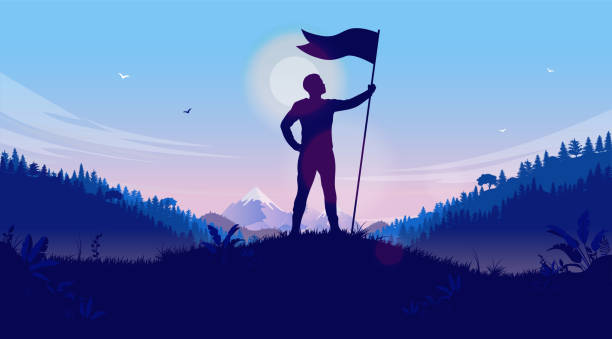 Personal achievement Man holding flag on hilltop celebrating reaching his goal. Victory, winning and conquer adversity concept. Vector illustration. top honor stock illustrations