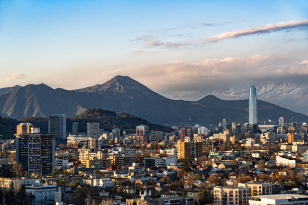 Elevated view of Providencia commune and Manquehue hill in Santiago de Chile