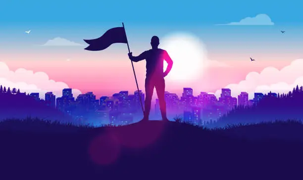 Vector illustration of Man with raised flag in front of city and sunlight