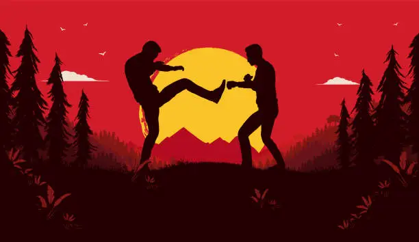 Vector illustration of Two men fighting outside in nature
