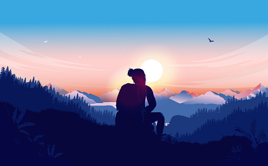 Female person looking at landscape. Enjoy wilderness, nature beauty and recreation concept. Vector illustration.
