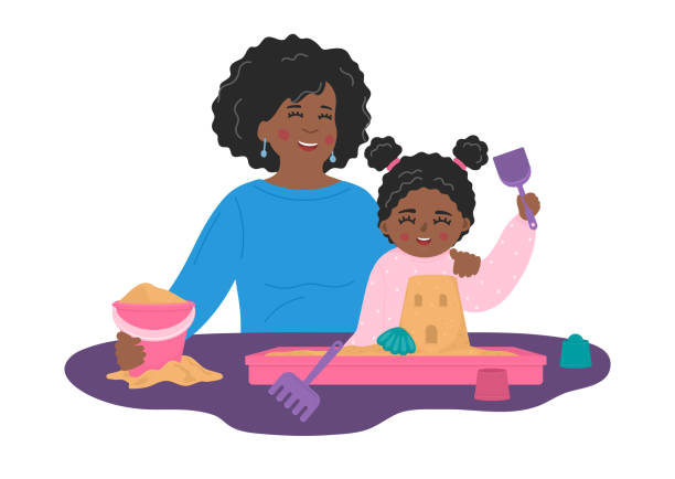 ilustrações de stock, clip art, desenhos animados e ícones de mother with child plays with sand and toys in plastic sandbox - sandbox child human hand sand