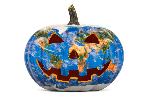 istock Halloween pumpkin with Earth map texture. 3D rendering isolated on white background 1277431088