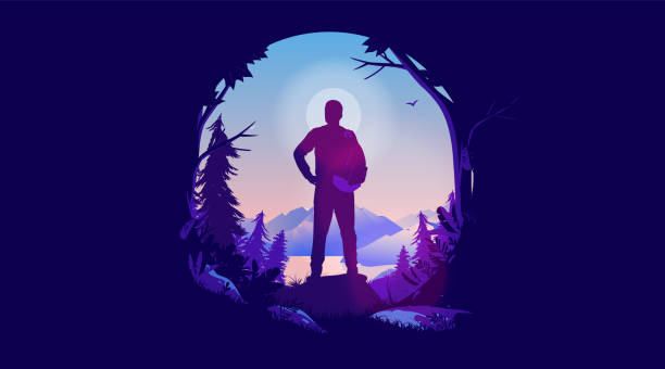 ilustraciones, imágenes clip art, dibujos animados e iconos de stock de buscando aventura - aventurero masculino en el paisaje que busca explorar - un solo hombre
