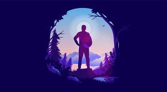 Man in nature who wants to live life. Enjoy nature, hiking and wanderlust concept. Vector illustration.