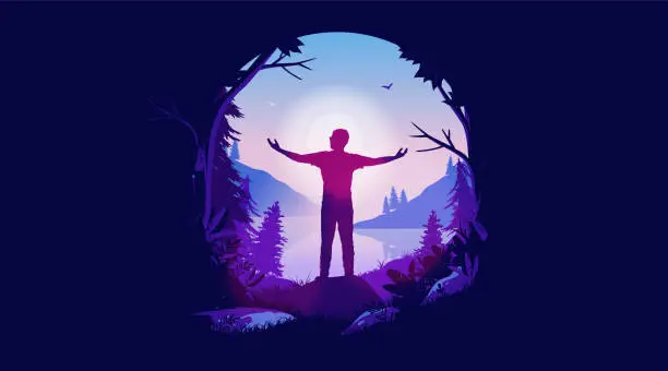 Vector illustration of Hope - Positive illustration of man enjoying freedom and fresh air