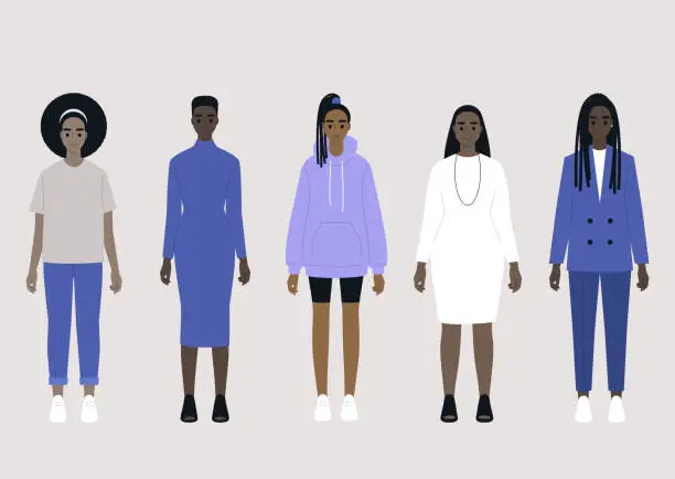 Vector illustration of A set of five black female characters wearing different fashion outfits: casual, sport, business costume and evening dress