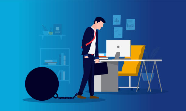 Work depression - man with ball on chain dragging him down Man having a hard time arriving at work, entering darkness with chain on foot. Burnout, depressed and lack of enthusiasm concept. Vector illustration. stuck in room stock illustrations