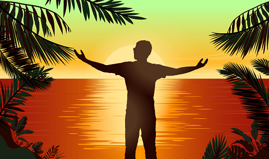 Silhouette of man enjoying the view between palm trees and sea. Warm, travel, ocean and free time. Vector illustration.