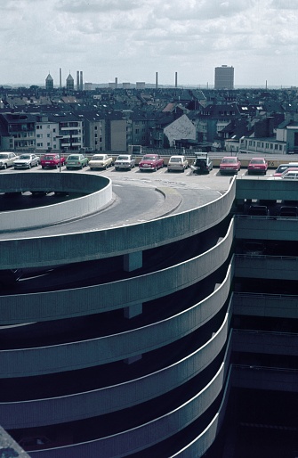 Düsseldorf, North Rhine Westphalia, Germany, 1980. Top parking deck in the city area of Düsseldorf.