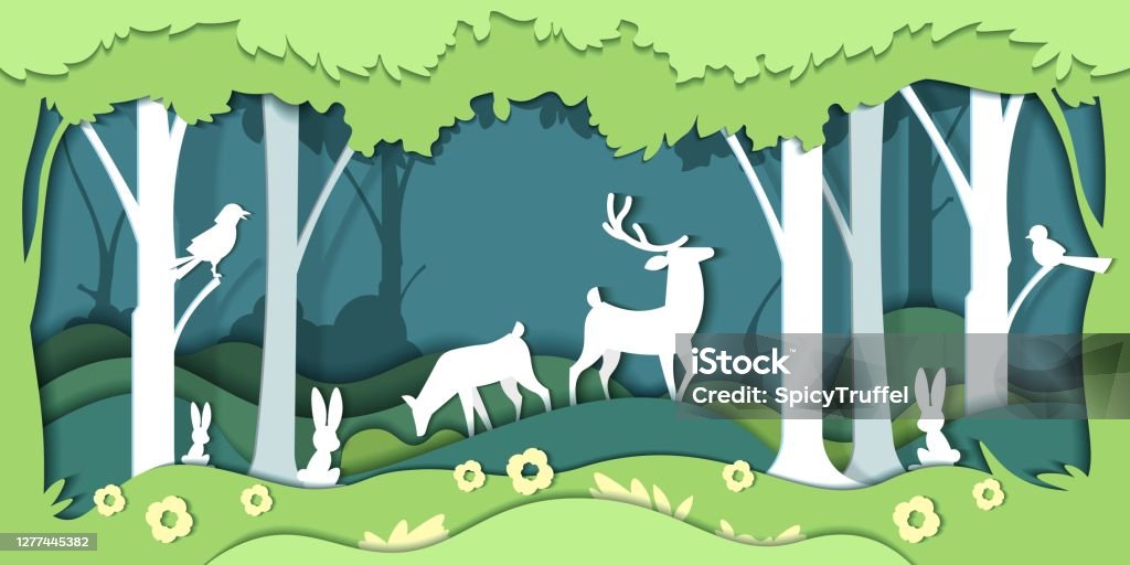 Paper Cut Environment Multilayer Flat Cardboard Forest With Animals Save  The World Origami Concept Deer Hares And Birds Among Trees For Posters And  Flyers Vector Landscape Background Stock Illustration - Download Image