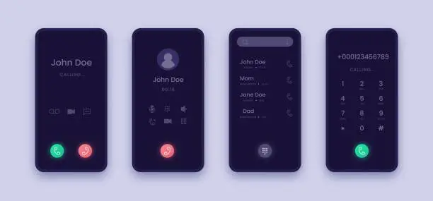 Vector illustration of Incoming call screen. Smartphone application UI with contact interface, dial answer and decline buttons. Display for advertising gadgets, posts and banners. Vector realistic mobile mockup