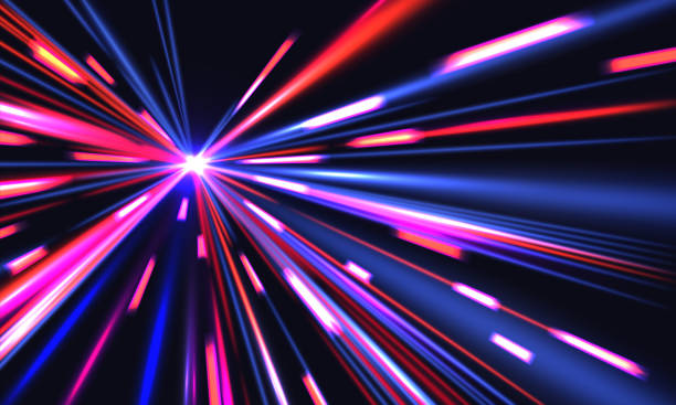 istock Light speed trails. Cyberpunk background with blurred motion city shine effect. Multiplicity of blue, red and violet straight rays on black. Vector backdrop of long exposure with flashlight 1277445400