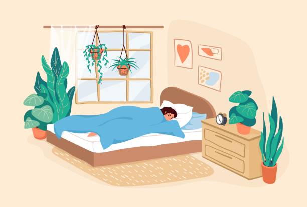 Sleeping woman. Cartoon adult girl resting in bedroom during the day, scene of human daily routine, female lifestyle in modern interior for posters. Vector flat illustration in pastel colors Sleeping woman. Cartoon adult girl resting in bedroom during the day, scene of human daily routine, female lifestyle in modern interior for posters. Cute vector flat illustration in pastel colors only women women bedroom bed stock illustrations