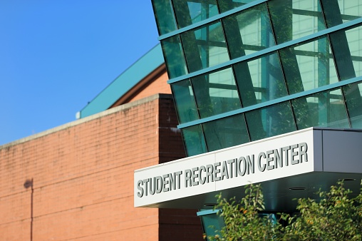 Student recreation center sign on public university campus