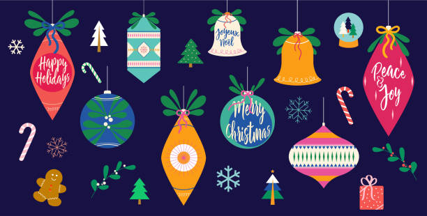 ilustraciones, imágenes clip art, dibujos animados e iconos de stock de retro navidad vacaciones icono set con vintage adornos de navidad, campanas, bastones de caramelo, ramas de acebo, snowglobes, copos de nieve, regalos de navidad y árboles de navidad - stick of hard candy hanging decoration christmas decoration