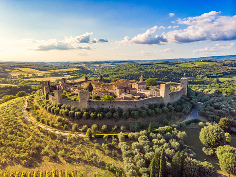 Drone view of Monteriggioni fort town in Tuscany, Italy