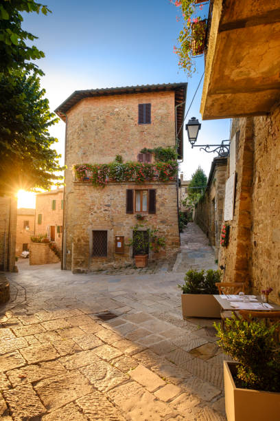 Golden hour of Monticchiello medieval town in Tuscany Monticchiello town in tuscany italy siena italy stock pictures, royalty-free photos & images