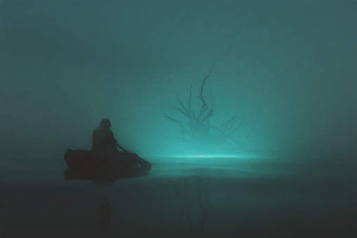 Fisherman at sea at night against fantasy monster, 3D generated image.