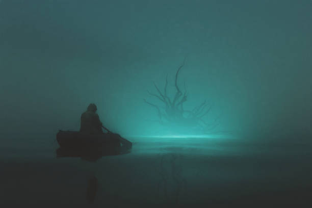 Fisherman against fantasy monster Fisherman at sea at night against fantasy monster, 3D generated image. sailing dinghy stock pictures, royalty-free photos & images