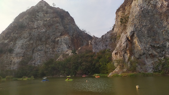 Rock mountain with green lake at Snake mountain national park. Thailand.